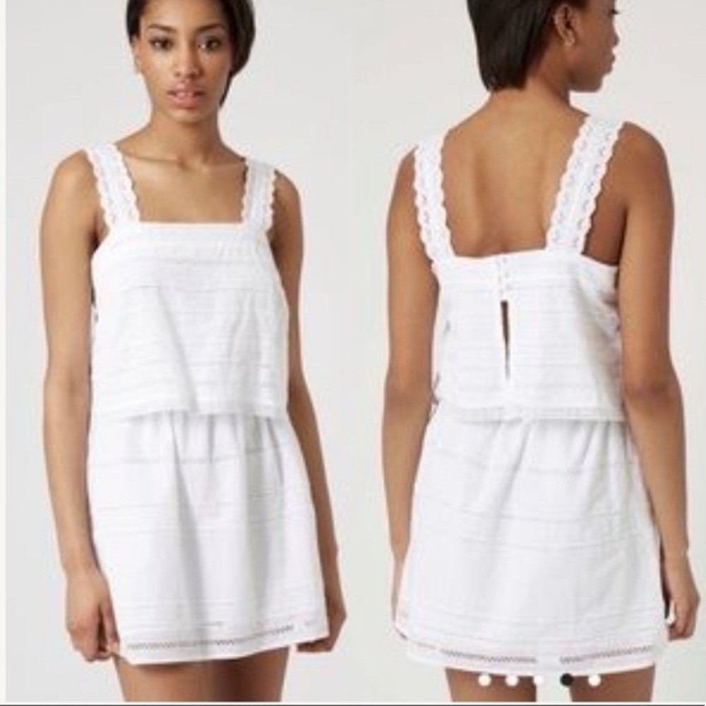Topshop Boho Eyelet Crochet White Pinafore Open Back Dress Size 4